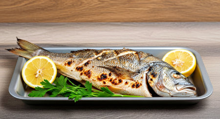 Wholesome Grilled Fish Lemon Herbs on Serving Tray Rustic Wooden Background Meal