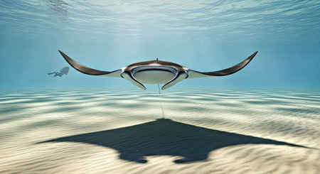 Giant Manta Ray Gliding Over Sandy Bottom Scuba Diver Distant Ocean Explorationの写真素材