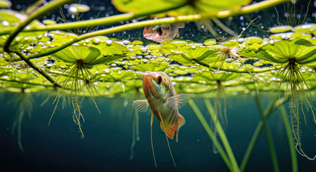 Graceful Pearl Gourami Fish Surfacing Beneath Floating Water Lettuce Aquarium Scene