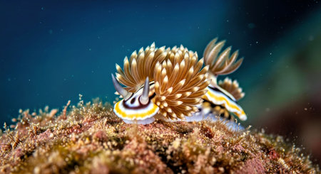 Stunning Nudibranch Crawling on Coral Rock Displaying Vibrant Underwater Huesの写真素材