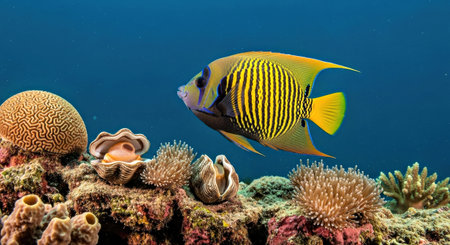 Vibrant Regal Angelfish Exploring Coral Reef Edge With Visible Coral Polyps Underwaterの写真素材