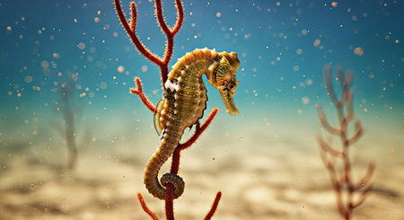 Delicate Seahorse Clinging to Coral Branch in Calm Lagoon Underwater Sceneの写真素材