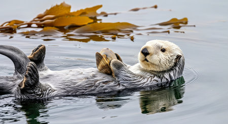 Adorable Sea Otter Floating on Back With Clam on Chest Playful Marine Wildlifeの写真素材