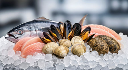 Abundance of Fresh Seafood on Ice Presentation for Gourmet Culinary Dishesの写真素材