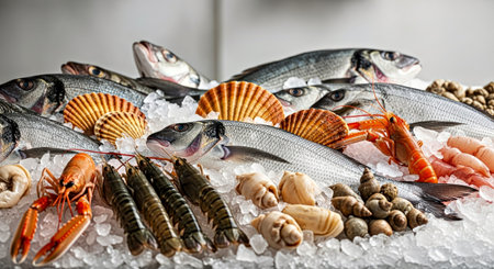 Assortment of Fresh Seafood on Ice Display Market Fish Restaurantの写真素材
