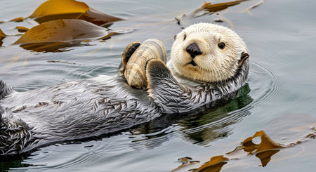 Charming Sea Otter Floating on Back Holding Clam Playful Marine Mammalの写真素材