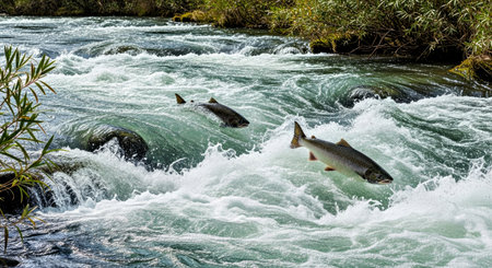 Wild Salmon Fish Swimming in White Water Rivers Northern Territory Natural Habitatの写真素材