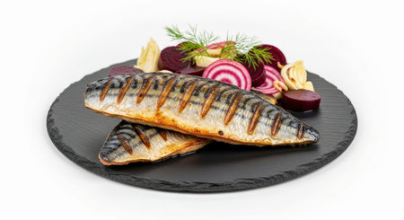 Flavorful Spiced Mackerel Fillets with Beetroot Salad on Slate Plate Healthy Mealの写真素材