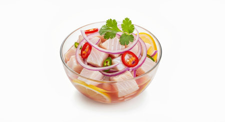Fresh Fish Ceviche with Zesty Citrus Marinade in Clear Glass Bowl Healthy Appetizerの写真素材