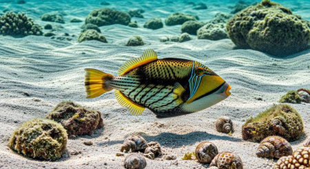 Colorful Picasso Triggerfish Over Sandy Bottom with Shell Debris Underwater Reefの写真素材