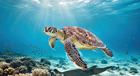 Graceful Green Sea Turtle Swimming Over Coral Reef with Radiant Sunbeams