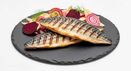 Gourmet Spiced Mackerel Fillets Beetroot Salad Slate Plate Healthy Delicious Cuisineの写真素材