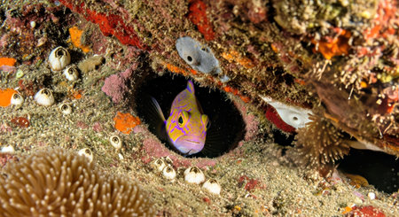Beautiful Royal Gramma Peeking From Coral Hole in Shaded Reef Captivating Underwater