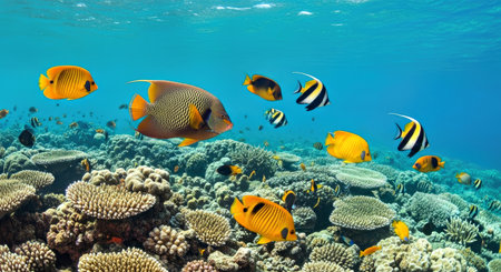 Colorful Underwater Image of Tropical Fish Exploring Coral Reef Ecosystemの写真素材