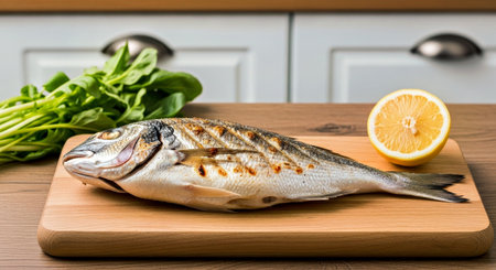 Appetizing Grilled Fish Dorado with Lemon on Kitchen Table Healthy Meal Scene