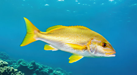 Exotic Yellowtail Snapper on Coral Reef Little Cayman Island Underwater Adventureの写真素材