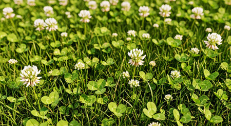 Dense Grass Intertwined Clover Leaves Tiny Flowers Lush Green Meadow Backgroundの写真素材