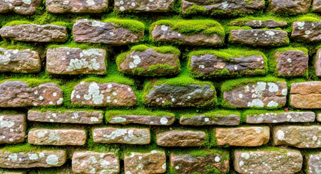 Moss Covered Stone Wall Damp Patches Natural Growth Rustic Garden Textureの写真素材