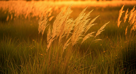 Golden Prairie Grass Texture Under Sunset Light Serene Natural Landscape Backdrop