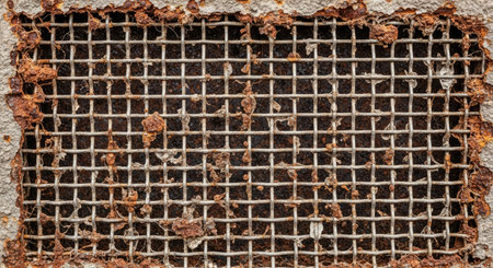 Grungy Rusted Mesh Surface Dirt Buildup Flaking Edges Industrial Decay Textureの写真素材
