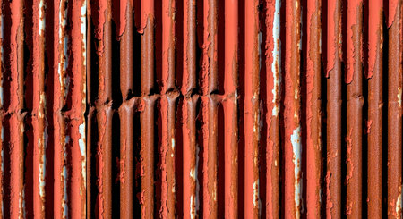 Distressed Rusty Corrugated Iron Paint Drips Bent Ridges Industrial Grunge Textureの写真素材