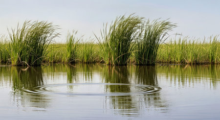 Tranquil Tall Reed Like Grass Wetland Setting Reflections Natural Aquatic Environmentの写真素材