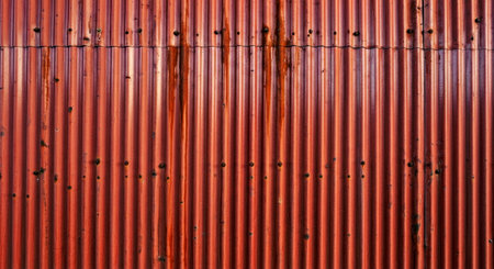 Weathered Corrugated Iron Wall Paint Residue Rust Industrial Grunge Texture Backgroundの写真素材