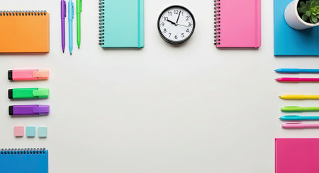 Dynamic Flatlay Colorful Office Workspace Clock Calendar Productivity Organization Display