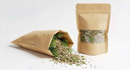 Sustainable Kraft Paper Pouch Mockup with Seeds Greenery Clean White Background