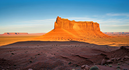 Dramatic Isolated Mesa Casting Long Shadow Arid Desert Landscape Remote Wilderness