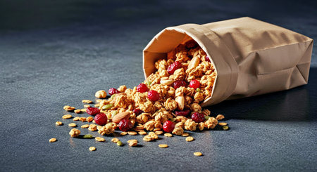 Homemade Granola Cranberries Spilling Brown Paper Bag Dark Stone Healthy Breakfast