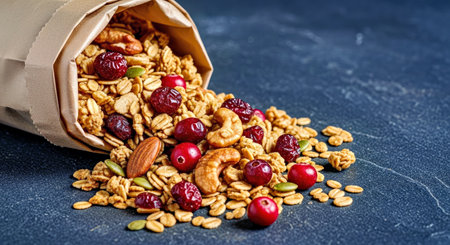 Rustic Homemade Granola Cranberries Spilling Brown Paper Bag Dark Stone Surface