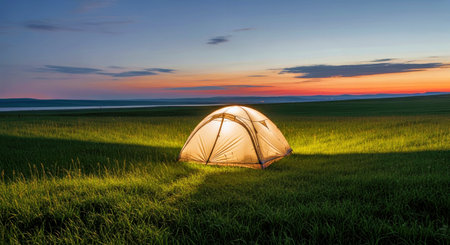 Tranquil Illuminated Tent Grassy Plain Evening Light Peaceful Wilderness Experienceの写真素材