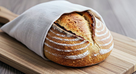 Homemade Linen Wrapped Loaf of Bread Wooden Board Rustic Kitchen Culinaryの写真素材