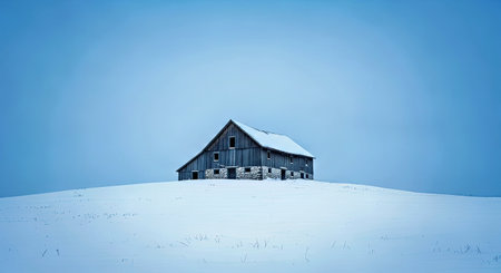 Serene Lonely Farmhouse Snowy Hilltop Soft Blue Sky Picturesque Winter Sceneryの写真素材