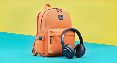Vibrant Orange Backpack Headphones Teal Yellow Background Travel Leisure Gearの写真素材