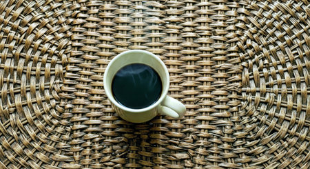 Cozy Overhead View Coffee Mug Woven Tabletop Warm Beverage Home Comfortの写真素材