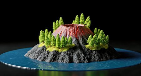 Miniature Volcanic Island Green Trees Black Rock Surreal Landscape Fantasy Travelの写真素材