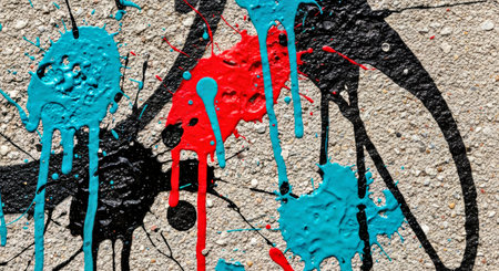 Dynamic Multi-Colored Paint Splatter on Concrete Wall with Random Pattern Artistic