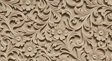 Intricate Floral Carvings Stone Wall Texture Deep Shadows Ancient Architectural Detail