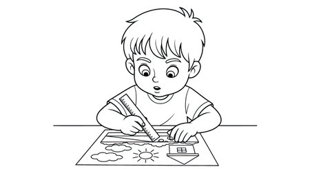 Boy Using Ruler to Draw Lines Three D Animation Style Kids Learning Activity Pageのイラスト素材