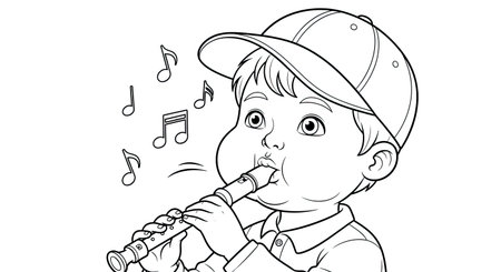 Three D Animation Style Boy Playing Recorder Fun Music Kids Activity Coloring Pageのイラスト素材