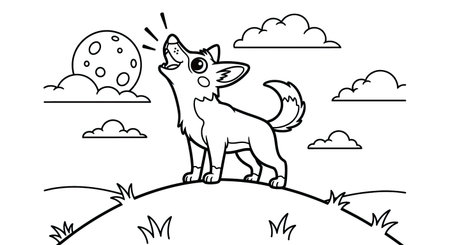 Dingo Howling at Moon Silhouette Three D Animation Style Australian Animal Nightのイラスト素材