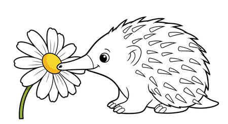 Echidna Sniffing Flower Three D Animation Style Cute Australian Animal Coloring Pageのイラスト素材