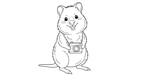 Quokka Holding Tiny Camera Animated Coloring Page for Kids Fun Australian Animalのイラスト素材