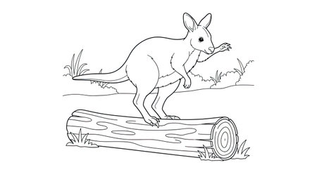 Wallaby Balancing on Log Animated Coloring Page for Kids Fun Wildlife Activityのイラスト素材