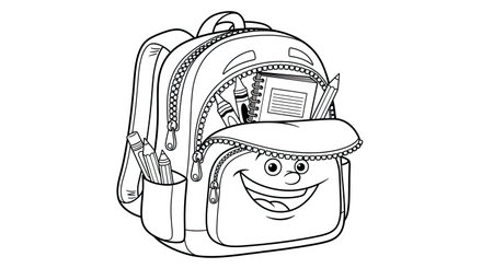 Happy Cartoon Backpack School Supplies Coloring Page Childrens Back to School Artのイラスト素材