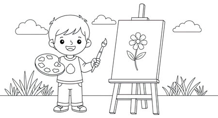 Young Artist with Palette and Easel Coloring Page Childrens Creative Art Activityのイラスト素材