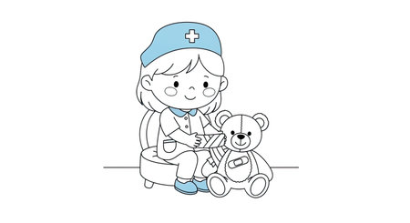 Childrens Coloring Page Nurse Uniform Kid Bandaging Teddy Bear Healthcare Role Playのイラスト素材