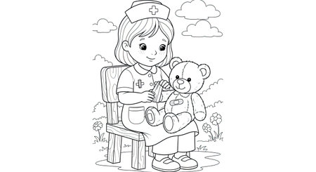 Kids Coloring Page Young Nurse Bandaging Teddy Bear Medical Career Imaginationのイラスト素材